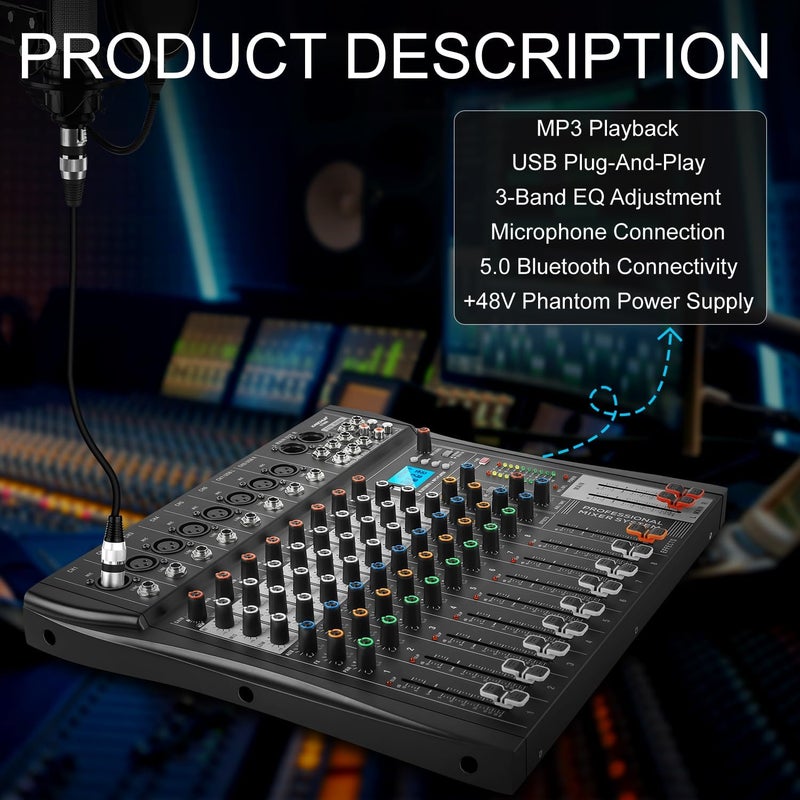Kaschun Professional Audio Mixer Sound Board - 8 Channel - DJ Mixer,Equipped with 48v Phantom Power - Bluetooth - Mp3 Player, Studio Audio Mixer Suitable for DJ Studio Streaming Recording - Image 2